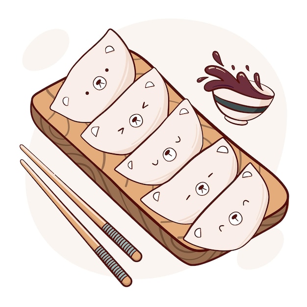 Teken grappige kawaii dumplings met gezichten vector illustratie Aziatische traditionele gerechten koken menu concept Doodle cartoon stijl