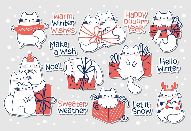Teken grappige stickers met katten voor kerst en winter vector illustratie karakter collectie grappige katten voor Kerstmis en Nieuwjaar Doodle cartoon stijl