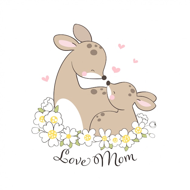 Teken herten en baby met schoonheidsbloem voor moederdag.