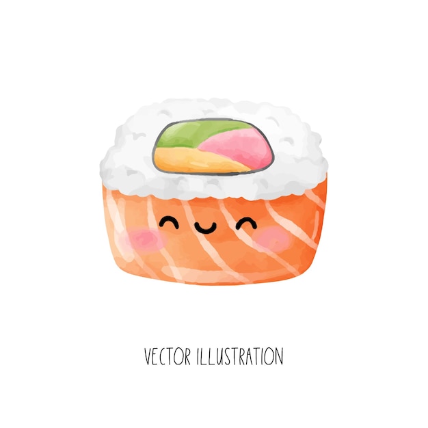 Vector teken karakter schattige sushi roll cartoon aquarel stijl
