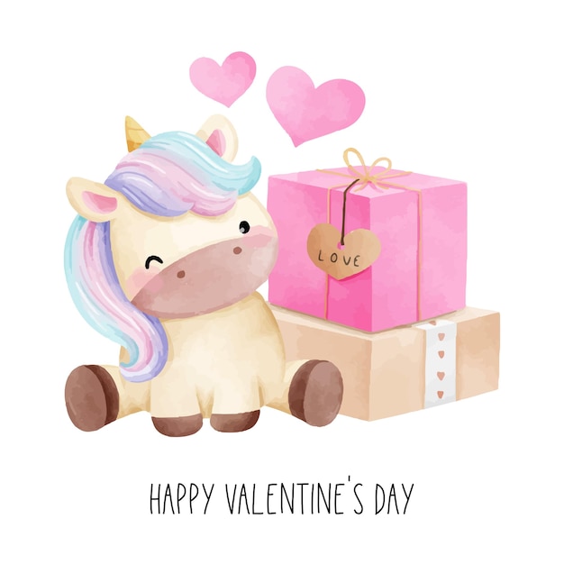 Teken karakterontwerp eenhoorn met roze hart en geschenkdoos voor valentijnsdag Aquarelstijl