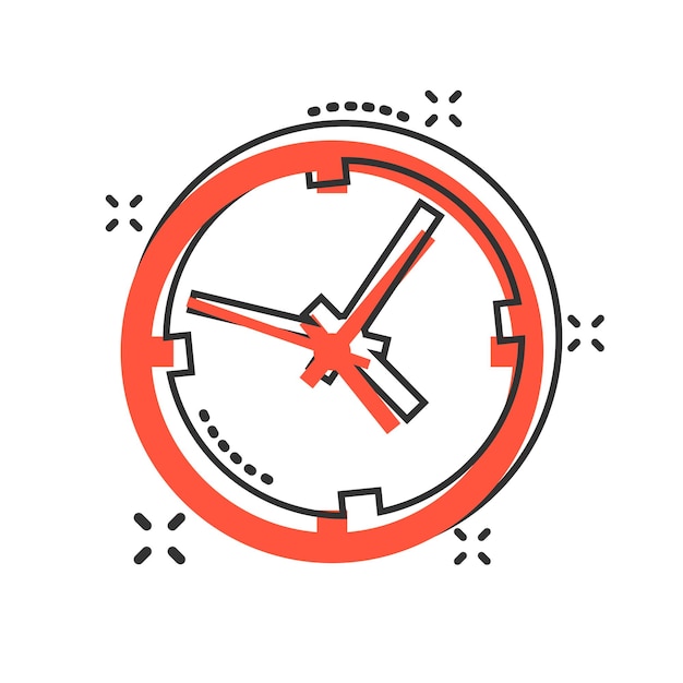 Teken klokpictogram in komische stijl Time management vector cartoon afbeelding op witte geïsoleerde achtergrond Timer bedrijfsconcept splash effect