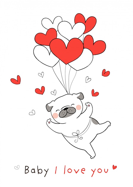 Teken pug dog met rood hart ballon voor valentijn.