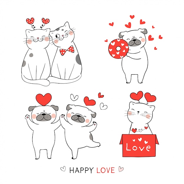 Teken schattige kat en pug dog met rood hart voor valentijn.