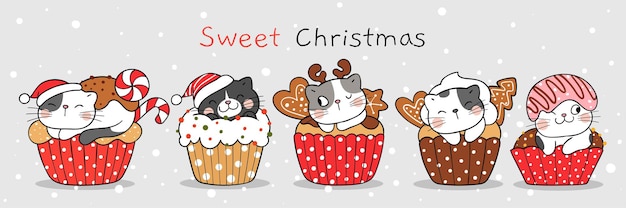 Teken vector illustratie karakter ontwerp schattige kat zoete kerst cupcake doodle cartoon stijl