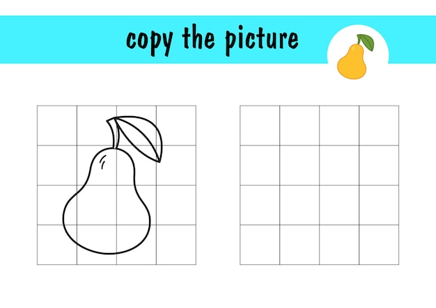 Teken voor een minispelletje voor kinderen een peer op papier door het voorbeeld rechts te herhalen. kopieer de fruitfoto met rasterlijnen, eenvoudig peuterspel met eenvoudig speelniveau, tekenen voor kinderen.