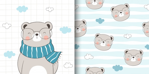 Teken wenskaart en print patroon van schattige beer voor stoffen textiel kinderen.
