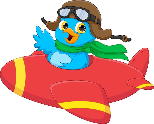 Vector tekenfilmvogel die een vliegtuig berijdt en zwaait
