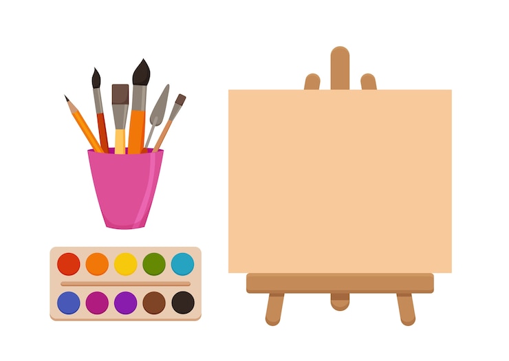 Tekengereedschappen elementen cartoon kleurrijke set. Kunstbenodigdheden: schildersezel met canvas, verftubes, penselen, potlood, aquarel, palet. Creatieve materialen tekenen voor het ontwerpen van workshops