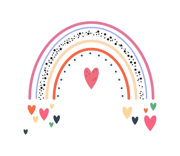 Vector tekening in scandinavische stijl regenboog met harten droom verbeelding en fantasie hand getrokken kunst sjabloon en lay-out cartoon platte vectorillustratie geïsoleerd op een witte achtergrond