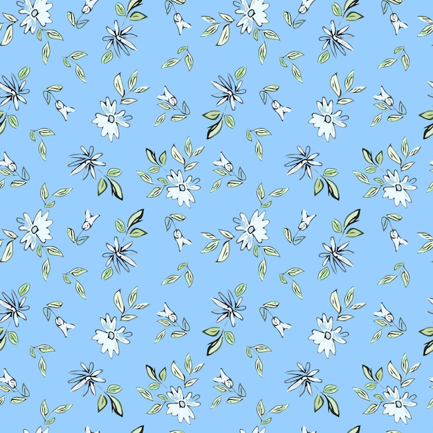 Tekening met blauwe bloemen met bladeren op een blauwe achtergrond Naadloze bloemenillustratie