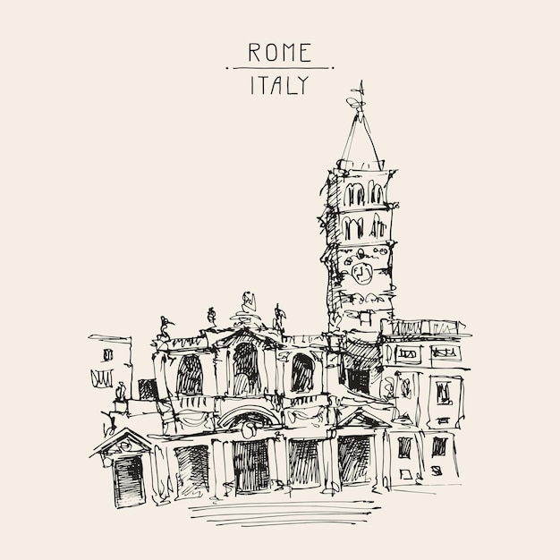 Tekening rome italië stadsgezicht basiliek pauselijke santa maria maggiore vectorillustratie