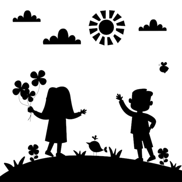 Tekening silhouet van cartoon kinderen Zomer achtergrond Kinderen in de natuur