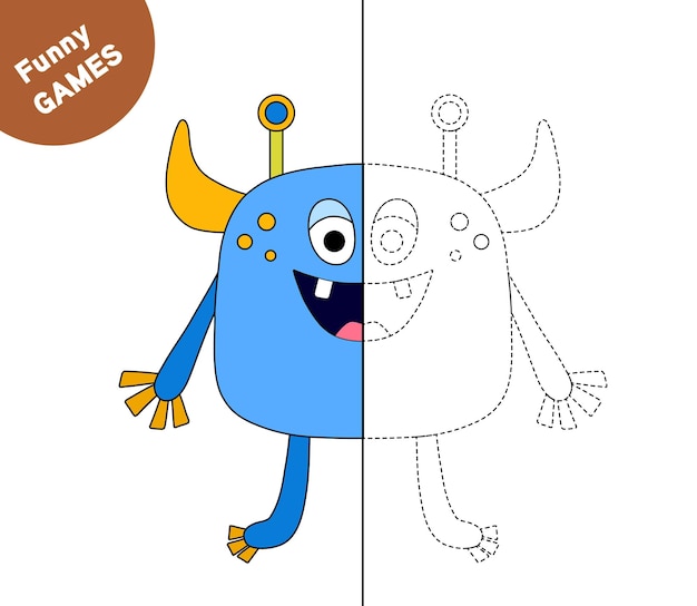 Tekening tutorial grappig monster Kopieer de afbeelding en kleuren Activiteitenpagina voor boek Kleurplaat Tekenlessen voor kinderen