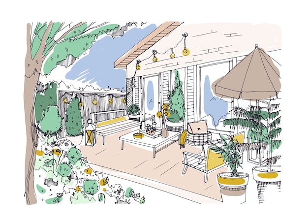 Tekening uit de vrije hand van achtertuinpatio of terras ingericht in Scandinavische hygge-stijl. Huis veranda met modern meubilair