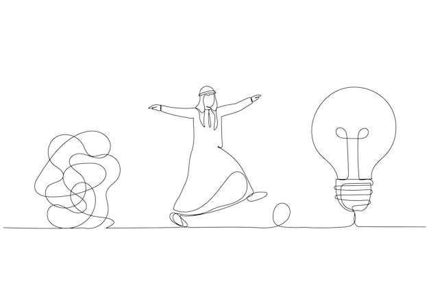 Tekening van arabische zakenman genie die ideelamp vasthoudt, komt uit magische lamp Assistentieconcept Kunststijl met één ononderbroken lijn