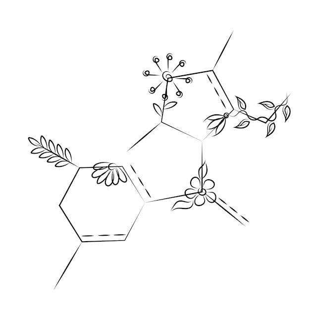 Tekening van chemische moleculaire bindingen kristalrooster met bloemen Tattoo ESG banner concept