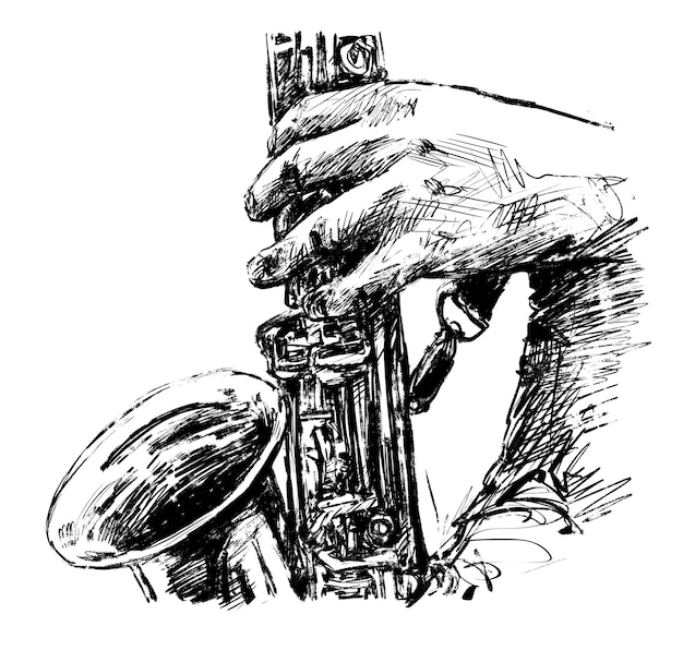 Tekening van de muzikant speelt saxofoon hand loting