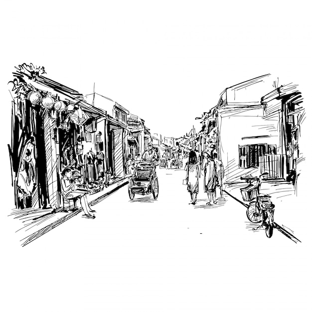 Tekening van de oude stad Hoi An in Vietnam