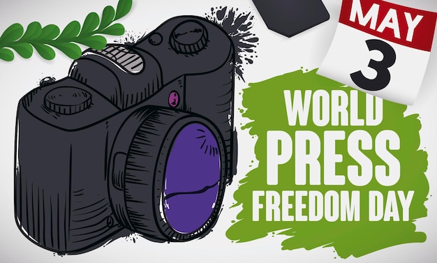 Vector tekening van een camera met een kaartkalender en een olijftak voor de dag van de vrijheid van de pers op 3 mei