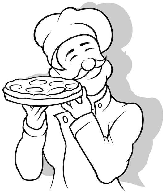 Tekening van een chef-kok die een pizza vasthoudt