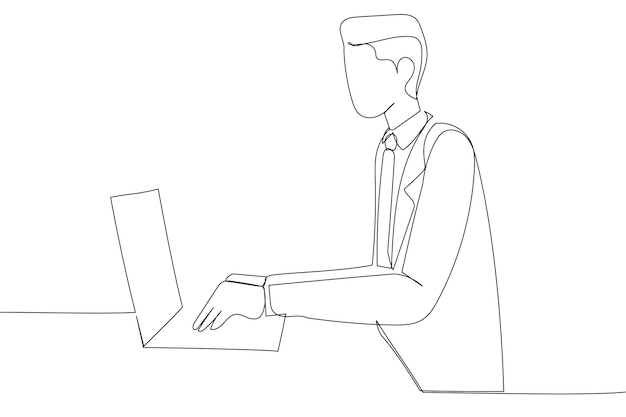 Tekening van een jonge man aan het werk op de computer op kantoor freelancer in casual werknemer werknemer typen en online chatten Enkele lijn ontwerpstijl