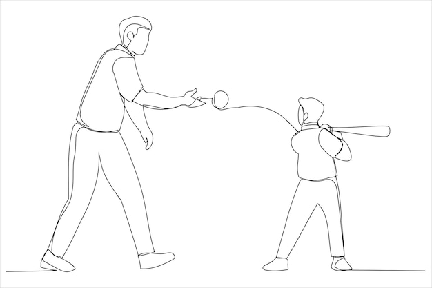 Tekening van een jonge vader en zijn kleine jongenskind die honkbal spelen buiten Kunststijl met één lijn