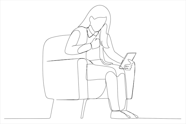 Tekening van een jonge zakenvrouw die een pak draagt dat zijn telefoon gebruikt en zich opgewonden voelt en zich verheugt terwijl hij naar de telefoon kijkt Kunststijl met één lijn