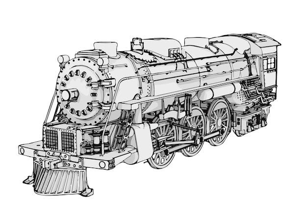 Vector tekening van een oude stoomlocomotief op een witte achtergrond met zwarte lijnen vector