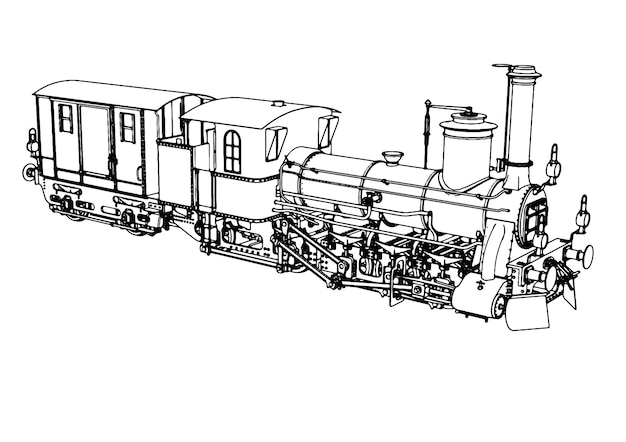 Tekening van een oude stoomlocomotief op een witte achtergrond met zwarte lijnen vector