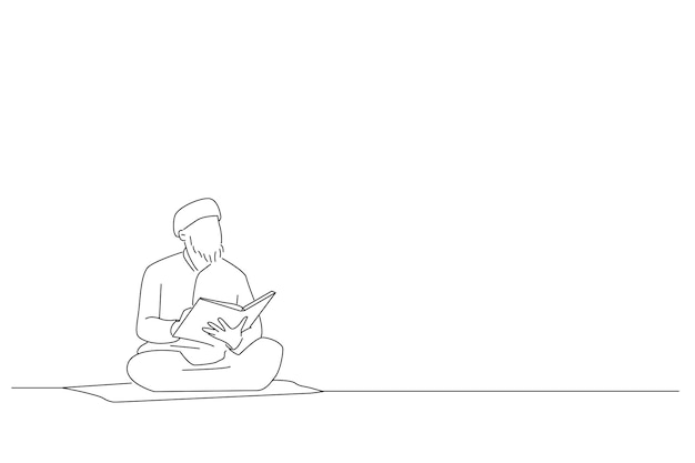 Tekening van een religieuze moslimman die de heilige koran leest in de moskee Oneline art tekenstijl