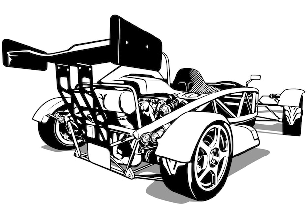 Tekening van een sportwagen in formule 1-ontwerp vanuit achteraanzicht