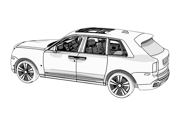 Tekening van een suv met zwarte lijnenomtrek op een witte achtergrondvector