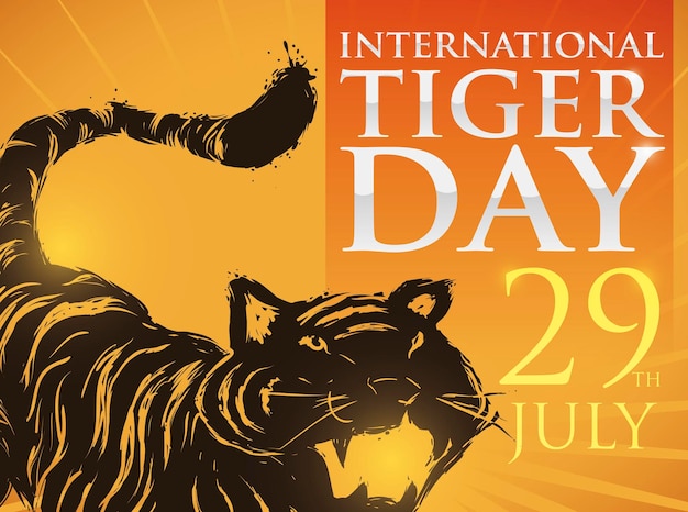 Tekening van een tijger en label om zijn dag op 29 juli te vieren