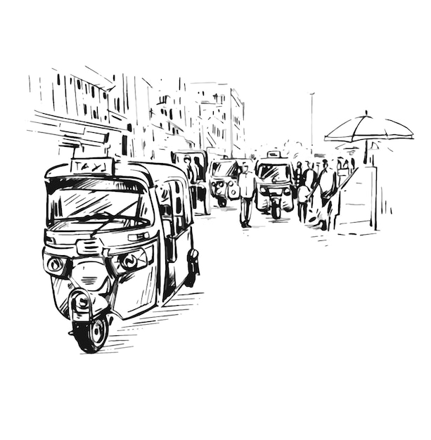 Vector tekening van elektrische auto-riksja op weg op de markt in delhi, india