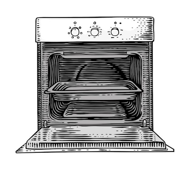 Tekening van geïsoleerde keukenoven op de witte achtergrond