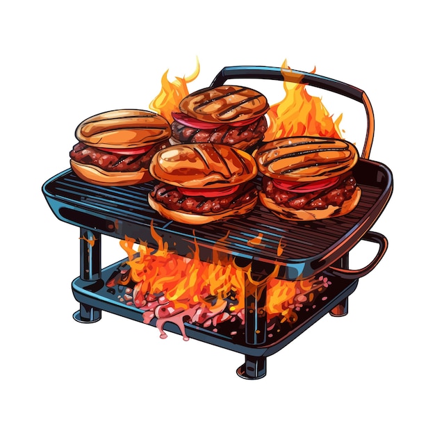 Vector tekening van hamburgers die op een grill met vlammen koken
