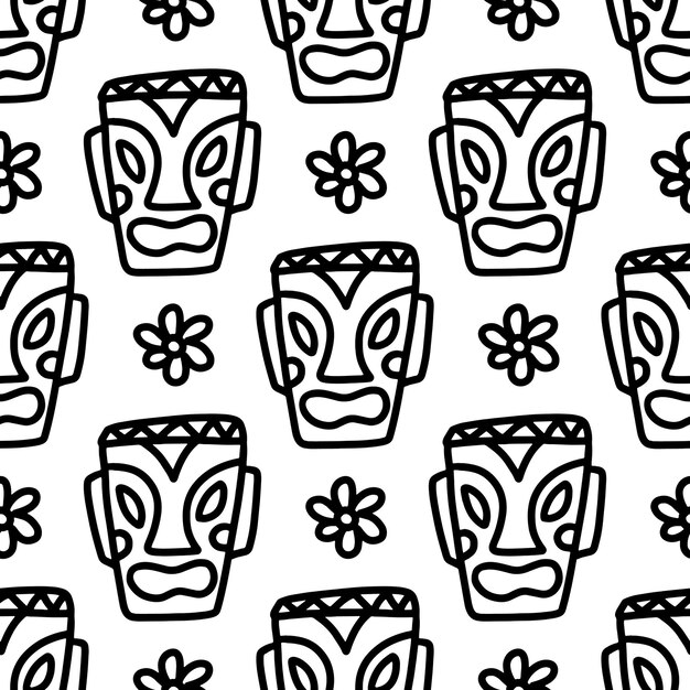 Tekening van hand getrokken hawaii tiki-masker met pictogrammen en ontwerpelementen