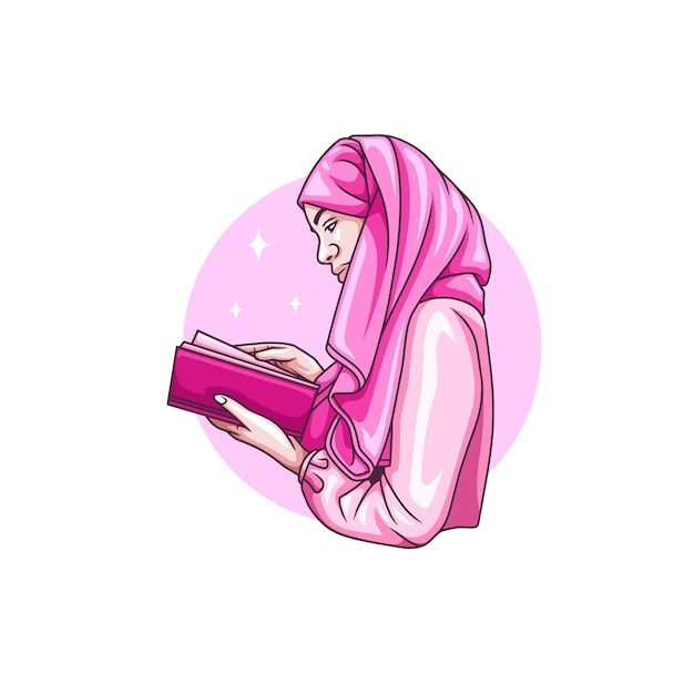 Tekening van vrouw die de al-qur'an leest voor islamitische ramadan kareem