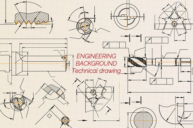 Tekeningen van mechanische techniek op een lichte achtergrond knapgereedschap borer snijgereedschap freesmachine technisch ontwerp omslag blauwdruk vectorillustratie