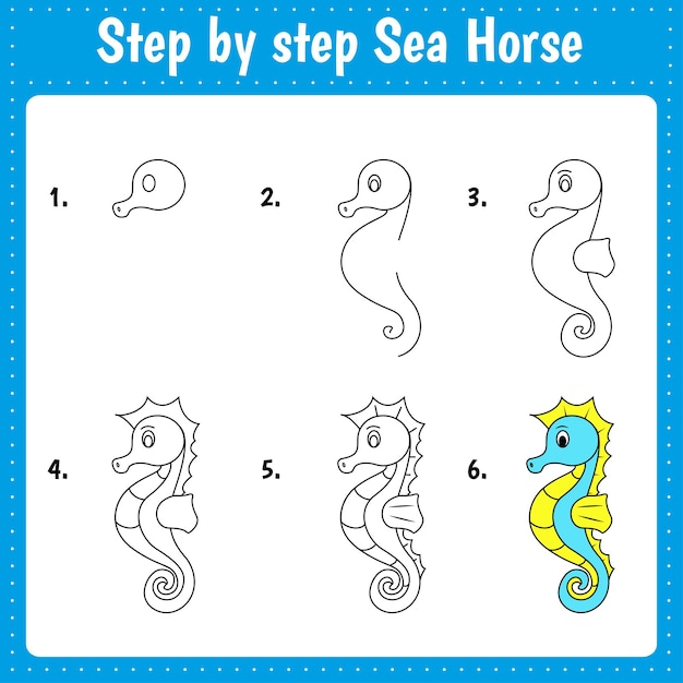 Tekenles voor kinderen Hoe een zeepaardje tekenen Tekenhandleiding Herhaalt stap voor stap de afbeelding Activiteitenpagina voor kinderen voor boek Vectorillustratie