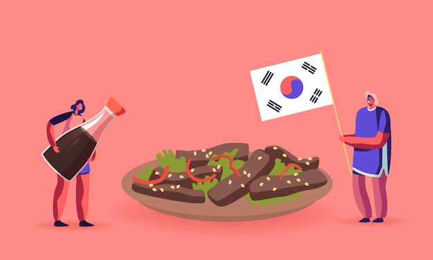 Tekens die koreaans voedselillustratie eten. man met nationale vlag van korea