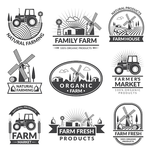 Tekens en labels voor boerderijmarkt. Monochrome etiketten instellen met plaats voor uw tekst