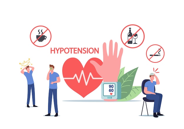 Tekens met hypotensiesymptomen meten van arteriële bloeddruk, cardiologie ziekten concept. kleine mensen bij enorme tonometer die de systolische en diastolische druk controleren. cartoon vectorillustratie