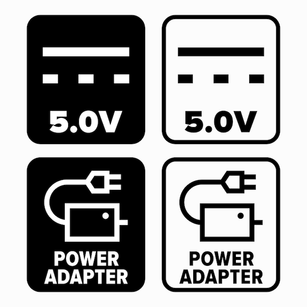 Tekens voor 5V voeding en voedingsadapter