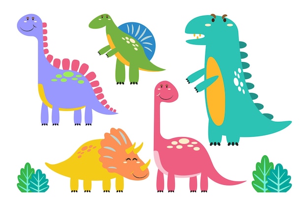 Tekenset van schattige gekleurde cartoondinosaurussen