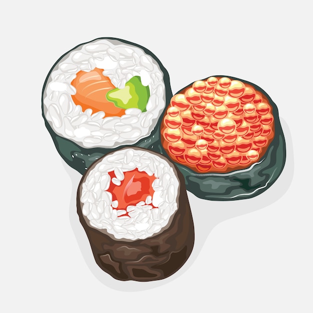 Tekkamaki, futomaki, ikura sushi rolt eromheen met nori zeewier