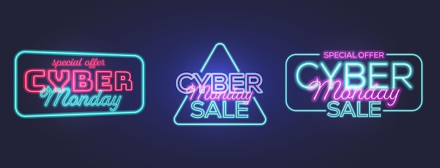 Vector tekst cyber maandag verkoop neon effect set