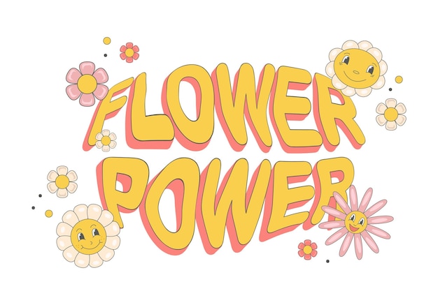 Tekst flower power met retro hippie happy daisy flower in trendy 60s 70s platte stijl.