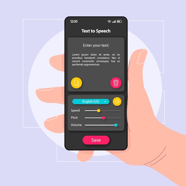 Tekst naar spraak converter smartphone interface vector sjabloon mobiele app pagina kleur ontwerp lay-out gesproken zin generator scherm platte ui voor toepassing hand met telefoon met audio op het display